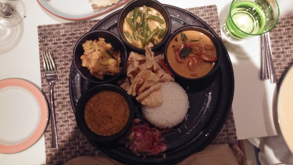 Rice with curries, sambol and papadam