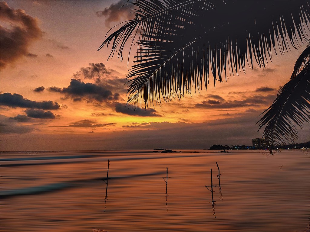 Sunset over stilt-fishing poles at Unawatuna